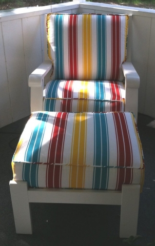 Indoor/outdoor hand-sewn lounge chair striped cushions