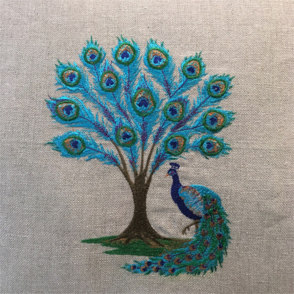 Peacock and tree of peacock feathers embroidered on canvas background