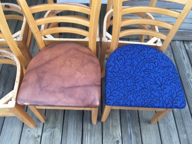 Custom made fabric seat cushions on wooden chairs