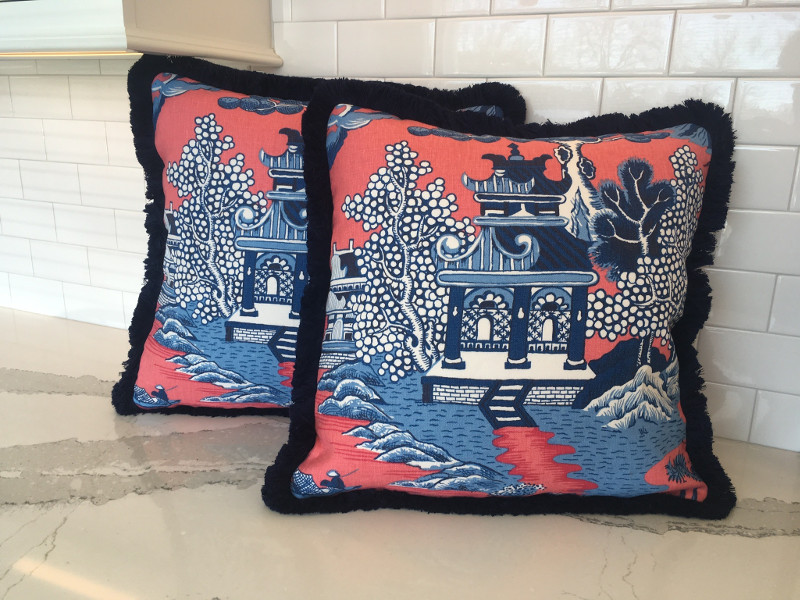 Two perfectly matched throw pillows with thick thread edging, fabric of Chinese pattern